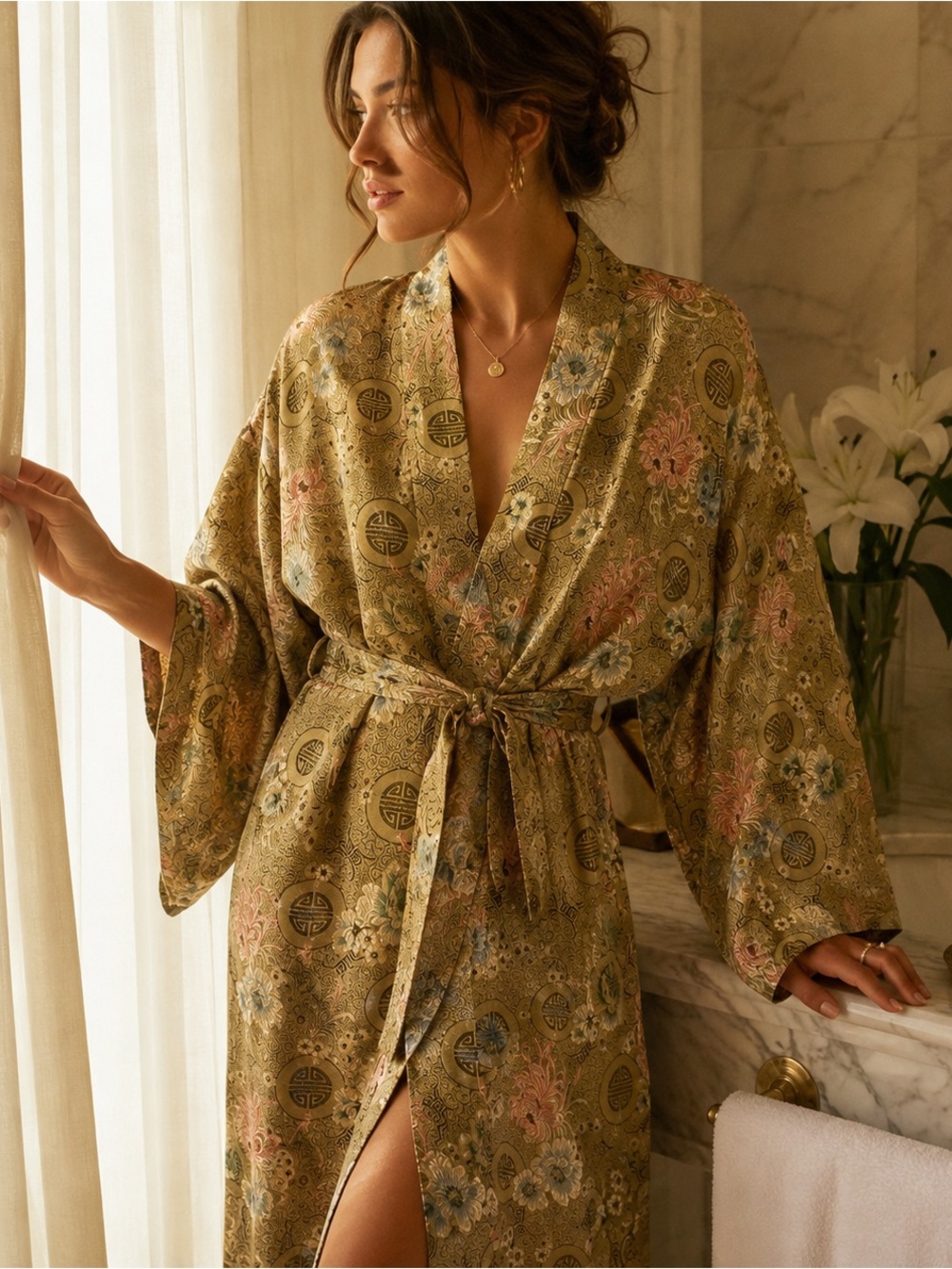 Asian Inspired Silk Lined Jacquard Kimono Robe Floral Brocade Belted Luxury Sz M